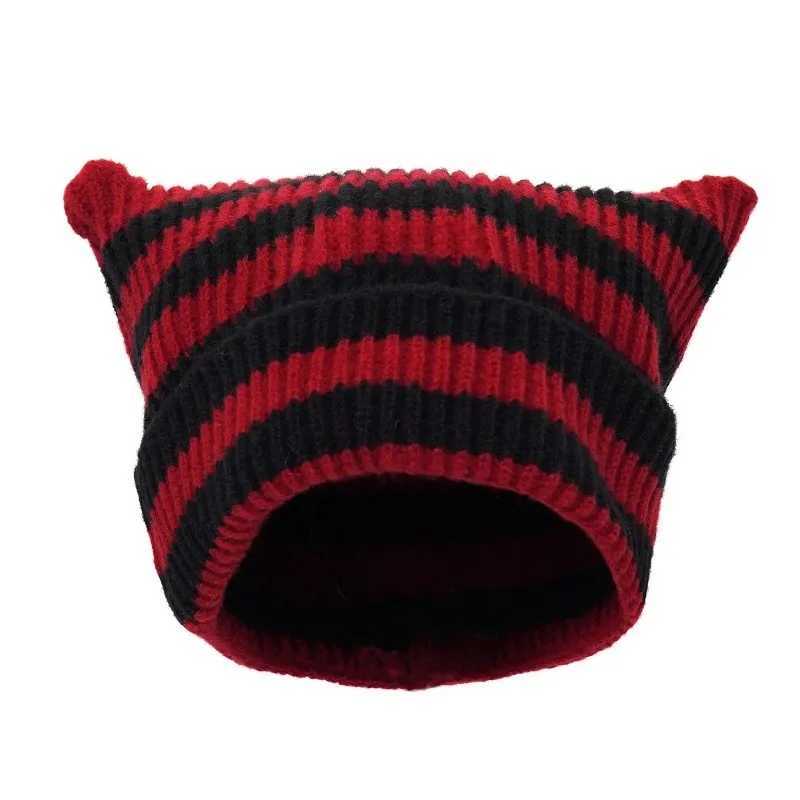 Japanese Y2K Cute Black White Striped Cat Ears Wool Hat Women Autumn Winter Warm Little Devil Hanging Ball Knitted Beanie Hat J251022