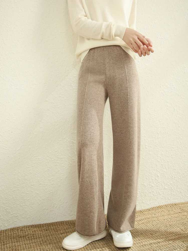 New Chic Womens Wool Pocket Pants Autumn Winter 100 Merino Wool Straight Pants Thick Soft Casual Simple Style Cashmere TrouserT251022