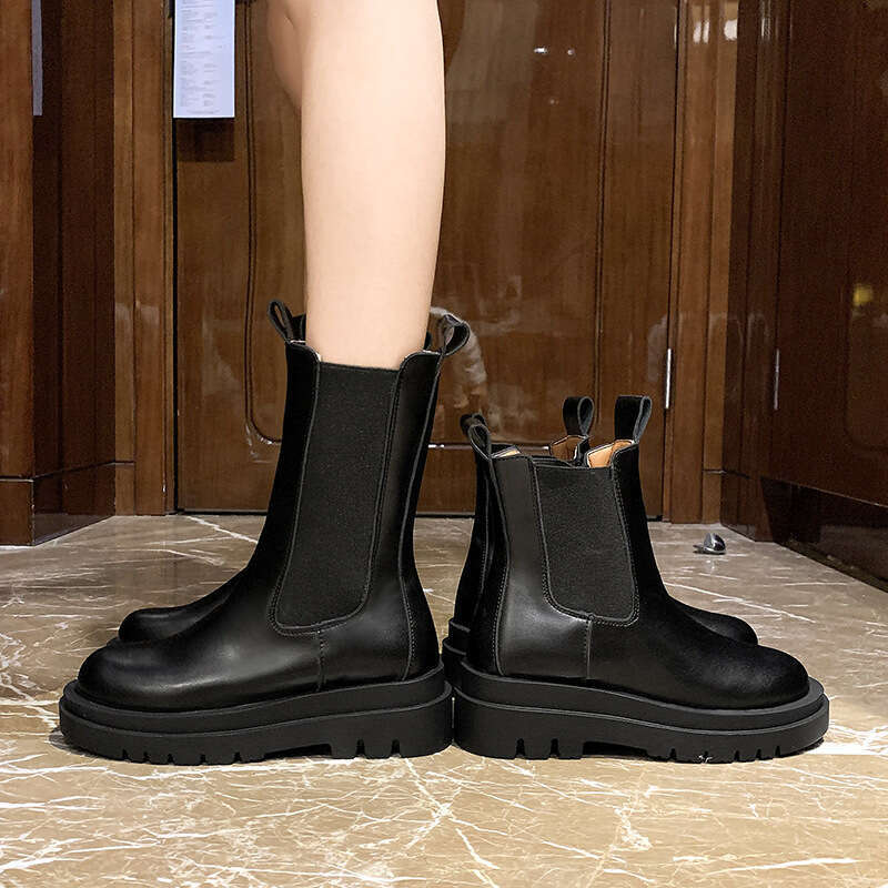 Free Shipping Slim Single for Women 2025 New Mid-Calf Ins Trend Martin Short Autumn Black Thick-Soled Chelsea Boots