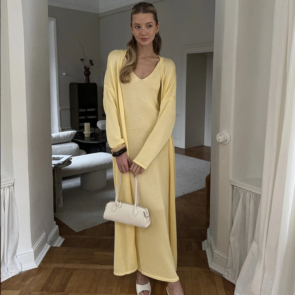 Tuularose Women Long Dress 2 Piece Solid Knitted Spaghetti Strap Dress Long Sleeve Cardigan Set Casual Fashion Female Dress Set 251020