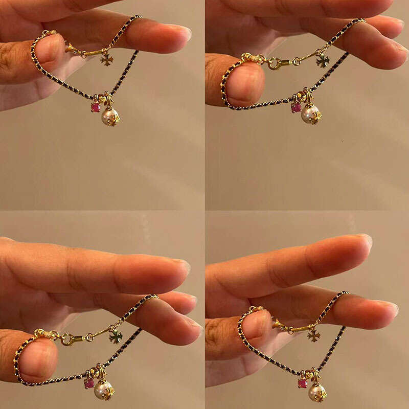 Black Gold Chain Braided Pearl Cross Pendant Bracelet Exquisite and Elegant Jewelry