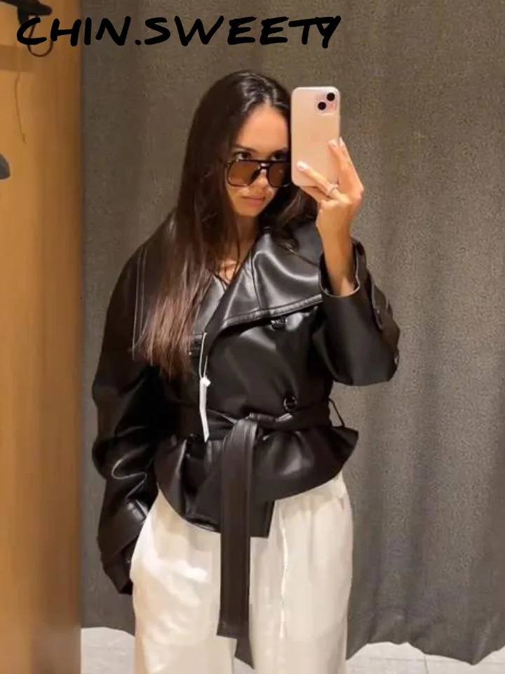 Elegant Vneck Lace Up Leather Jacket Women Double Breasted Long Sleeves Jackets Female Autumn Winter Highstreet Lady Coats 251020