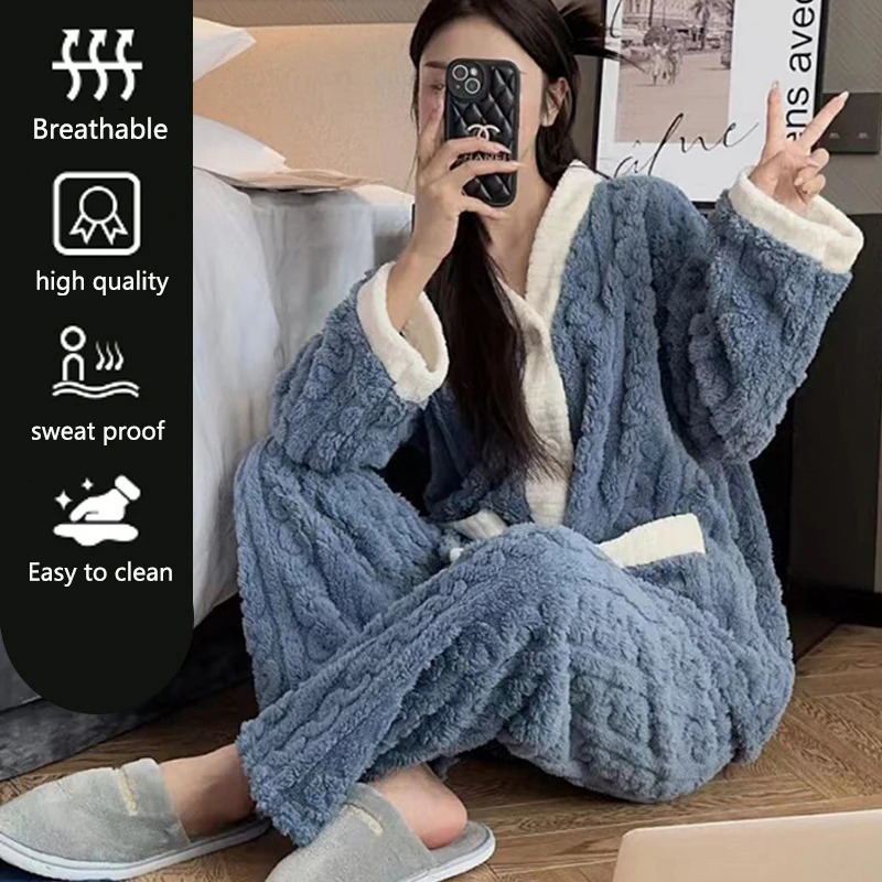 2pcsSet Autumn And Winter Pajamas Women Thickened Padded Warm Students Coral Girls Clot Velvet Suit Homewear Cardigan Trousers 251022