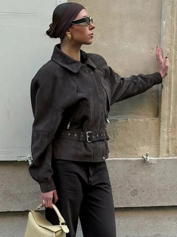 Belts Vintage Womens Suede Jacket Coat Chic Zipper Lapel Long Sleeve Motorcycle Outwear Spring Street Chic Lady Top Coats 251020