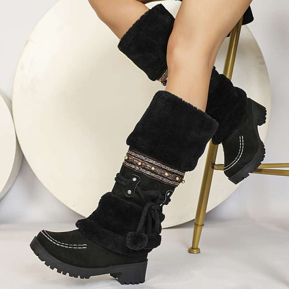 Women's Retro Bohemian With Beaded Ball Accents & Bow Detail Slip-On Thick Rubber Sole Mid-Heel Faux Fur-Lined Warm For Casual Outings, Dates, Sh