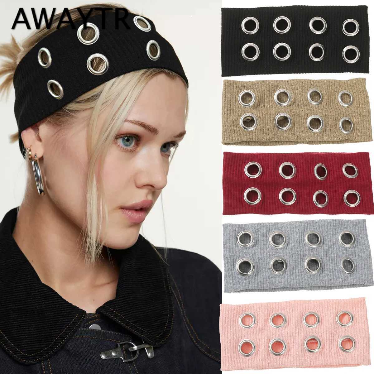 AWAYTR Punk Girl Fabric Hollow Elastic Headbands Metal Rock Personalized Hollow Eyelets Hair Band Casual Sports Grommet Headband V251022
