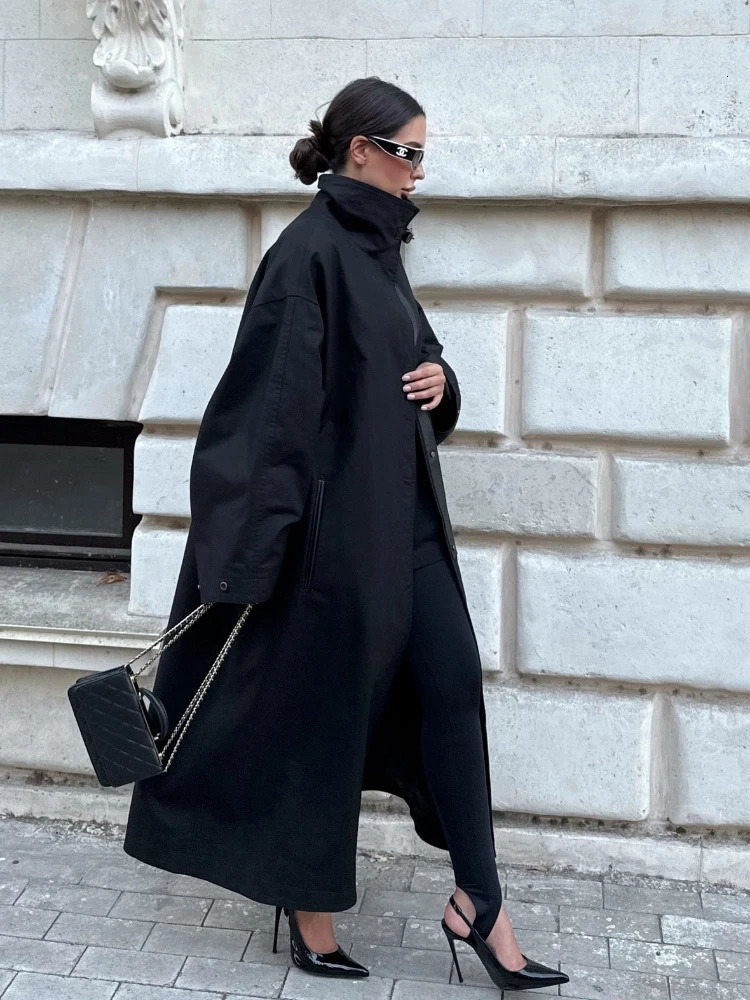 Black Stand Collar Trench Coat Women Fashion Long Sleeve Singlebreasted Loose Windbreaker Autumn Lady High Street Outwear 251021