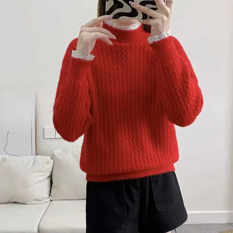 Autumn Winter Round Neck Screw Thread Long Sleeve Womens Clothing Pullover Lace Patchwork Solid Color Sweater Knitted Tops 251016