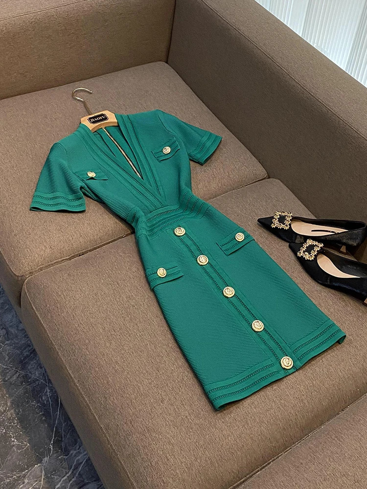 Elegant Style Office Lady Singlebreasted Solid Vneckline Short Sleeve Women Skinny Summer Mini Slim Dress 251020