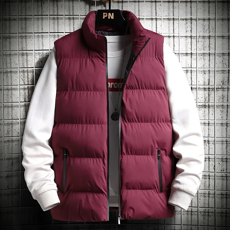 Casual jacket autumn and winter mens loose sleeveless zipper down vest mens solid color warm vest mens stand up collar jacket 251016