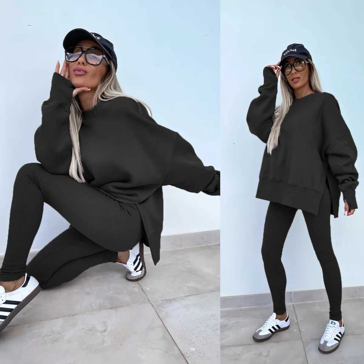 Women Pant Sets Two Pieces Tracksuit Solid Loose Sweatshirts Split Pullover Pencil Pants High Street Autumn Winter 2024T251022