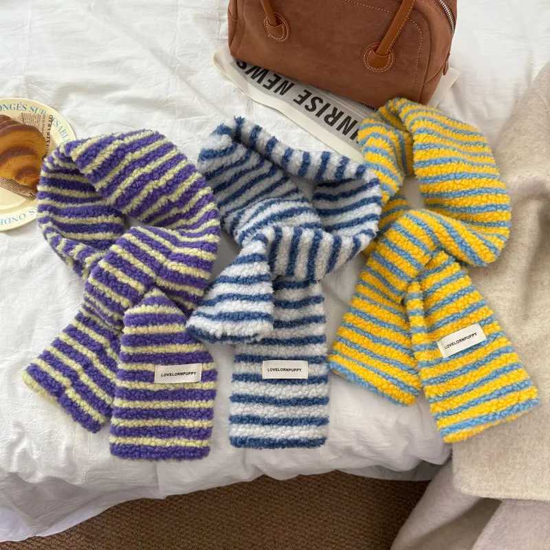 Korean Stylish Teddy Velvet Stripes Scarf Women Men Autumn Winter Warm Perforated Knitted Small Scarves Female Thermal Muffler J251022
