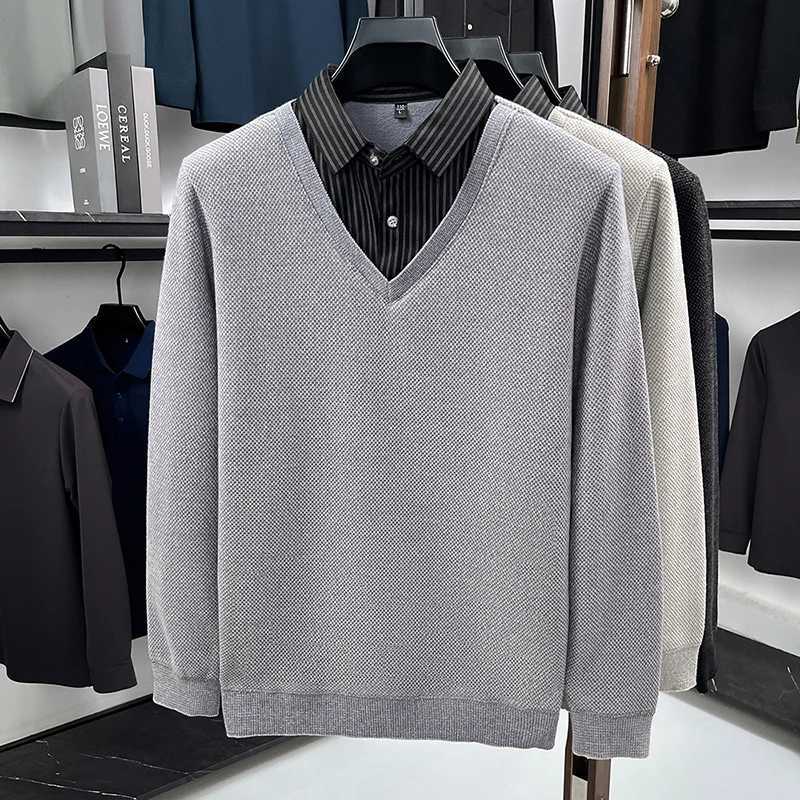 Original Quality Mens Lapel Fake Two Piece Knitted Sweater Winter New Velvet Thickened Print Striped Business Casual MenswearXJ251022