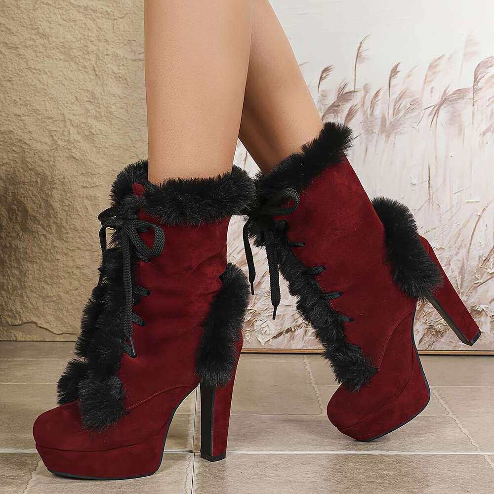 Women's With Thick Heels Chunky Round-Toe Warm Fau -Like Collar, Round-Heel Booties Wide Width Vailable For Ice & Snow - European-Inspired Cold-W