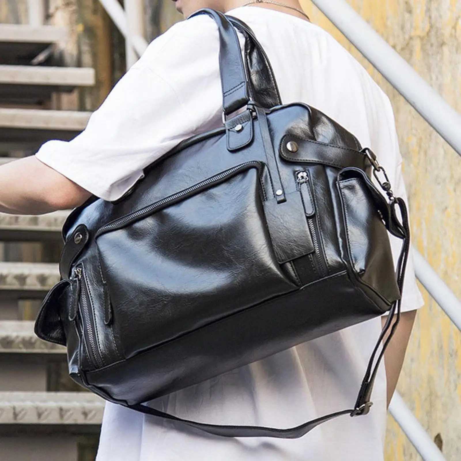 Mens Leather Shoulder Bag Business Bag with Adjustable Strap Top Handle Handbag Waterproof Briefcase Travel Bag for Office Work W251022