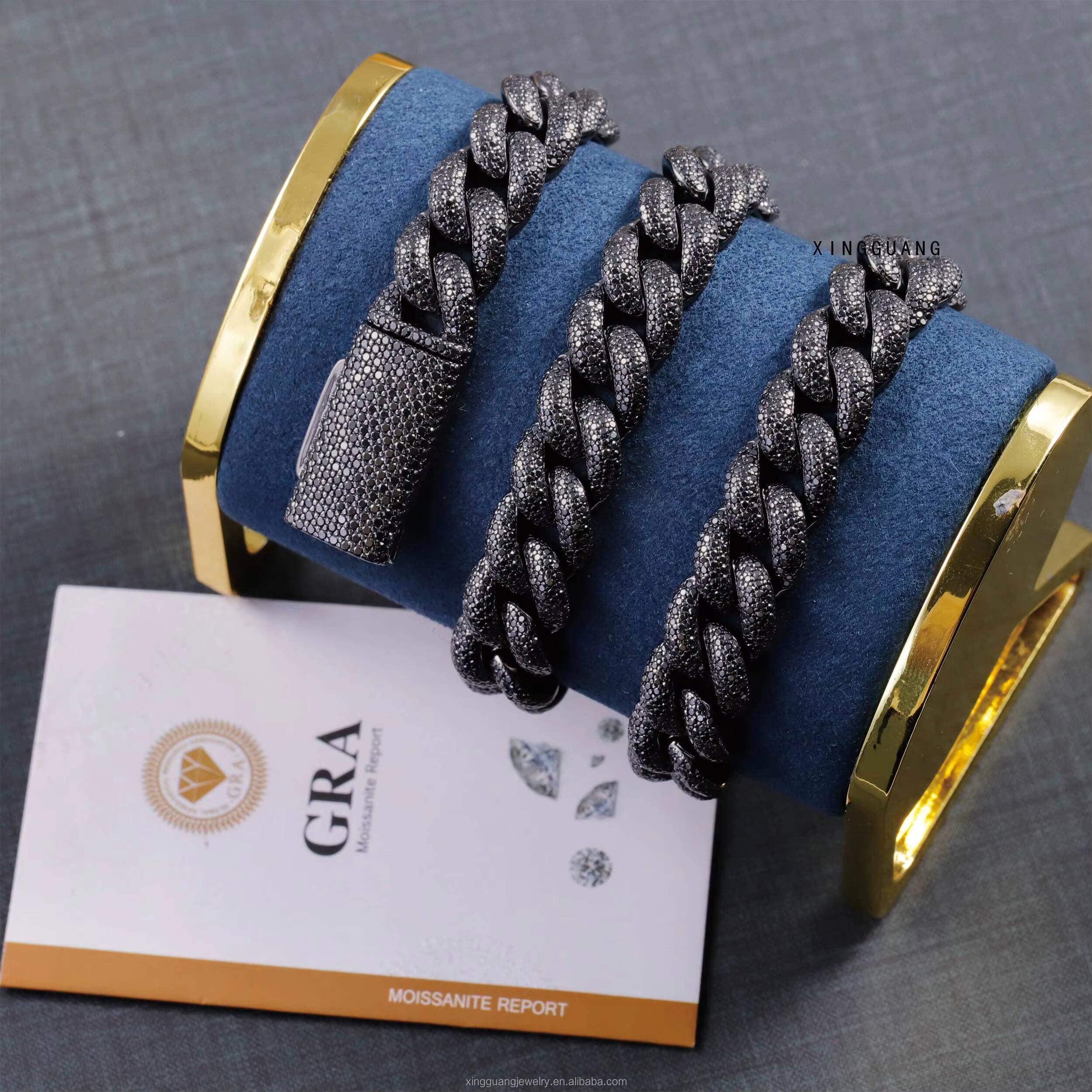 VVS Moissanite Cuban Chain Jewelry 13mm S925 Silver Black Plated Hip Hop Necklace for Men Black Diamond Cuban Lidynamic Chain