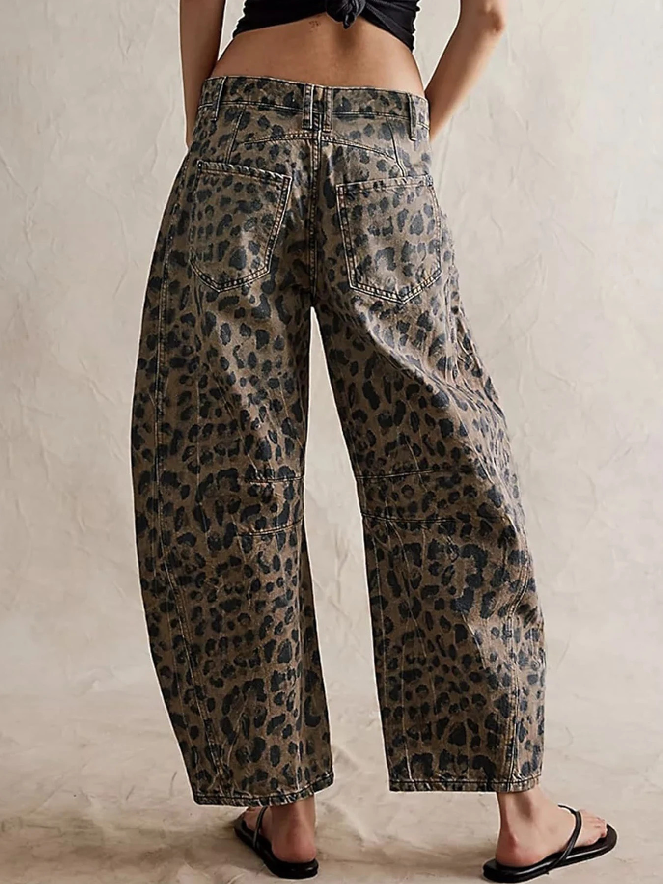 Womens Mid Waist Leopard Print Loose Straight Leg Wide Jeans Y2K Style Fashionable and Versatile Casual Suitab 251015