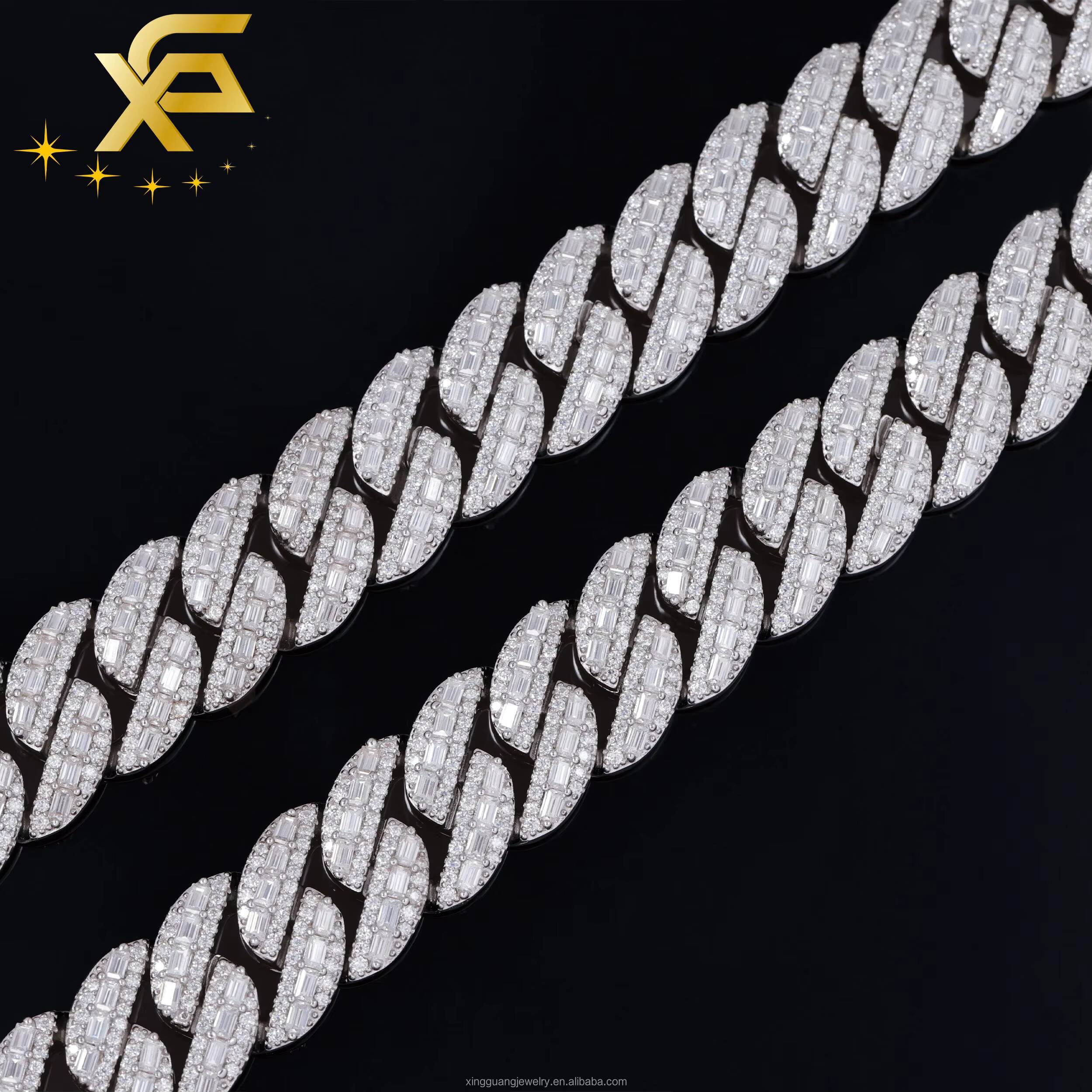 Premium Quality 925 Silver Cuban Lidynamic Chain 15MM VVS Moissanite Baguette Diamond Hip Hop Style Jewelry Cuban Bracelet
