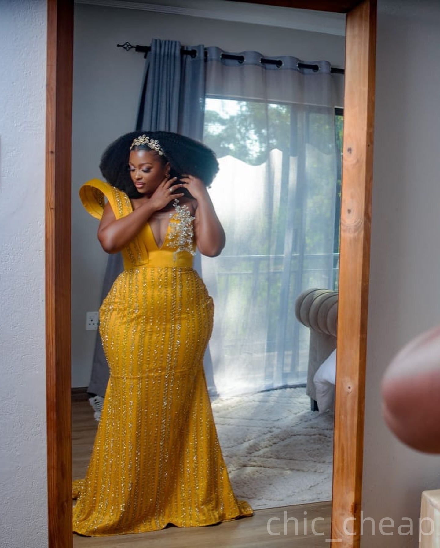 Yellow Mermaid Prom Dresses 2026 Crystals Sequined Detachable Train Evening Formal Party Second Birthday Engagement Gowns Plus Size Dress For Special 