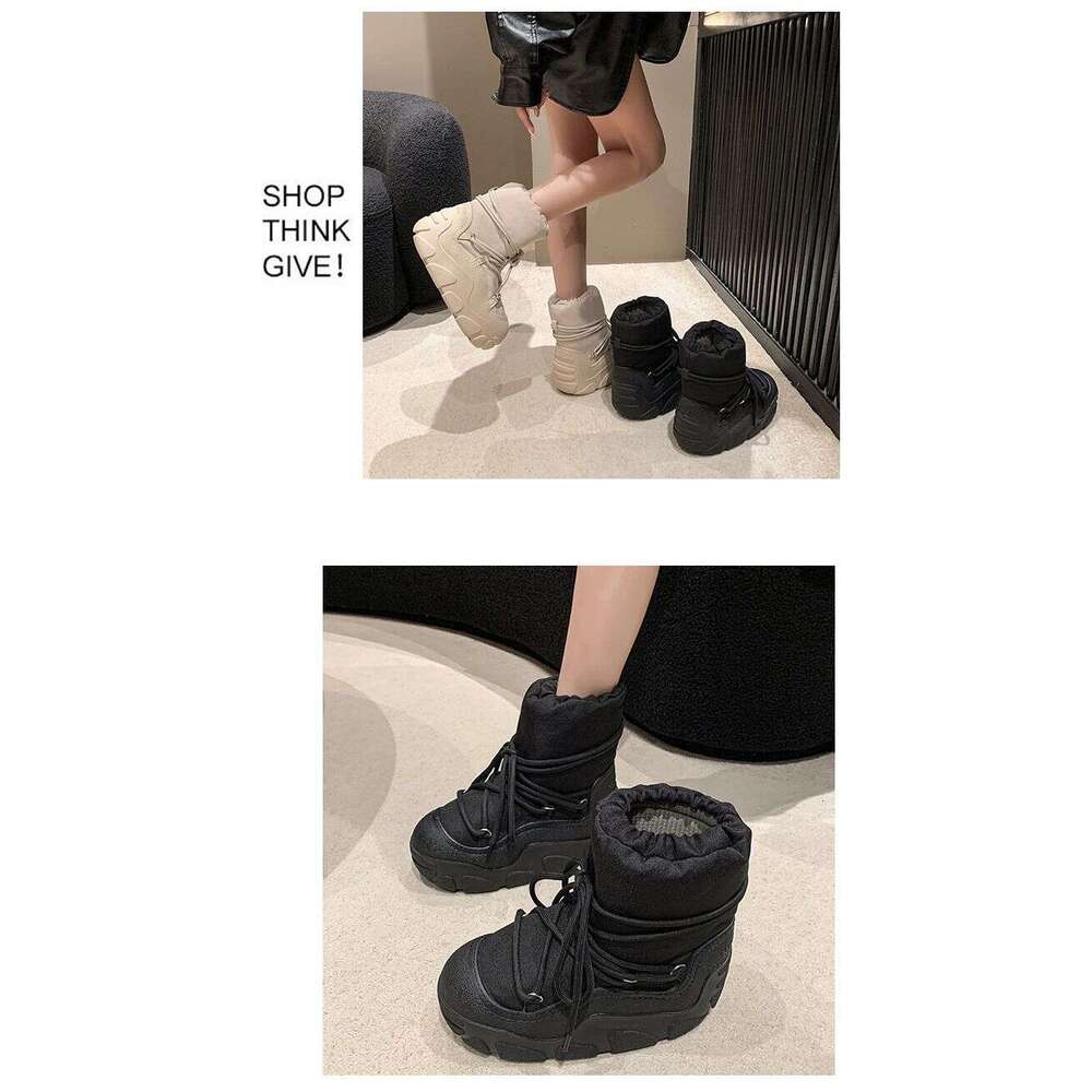 6Cm Thick Sole Height-Increasing Short Snow Boots For Women, Fleece-Lined, Thickened, Outdoor Wear, Ultra-Warm, Northeast Skiing, Winter 2024