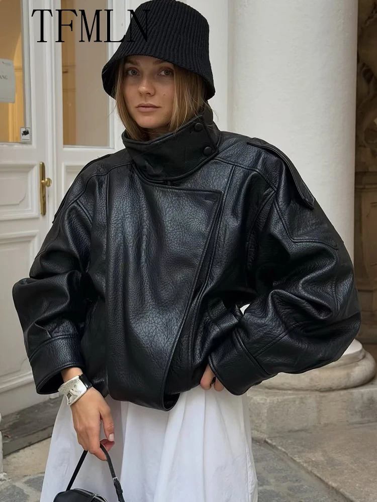 TFMLN Women Faux Leather Loose Jacket High Street Stand Collar Long Sleeve Coat Fashion Causal Zipper Outwear Autumn Winter 251021