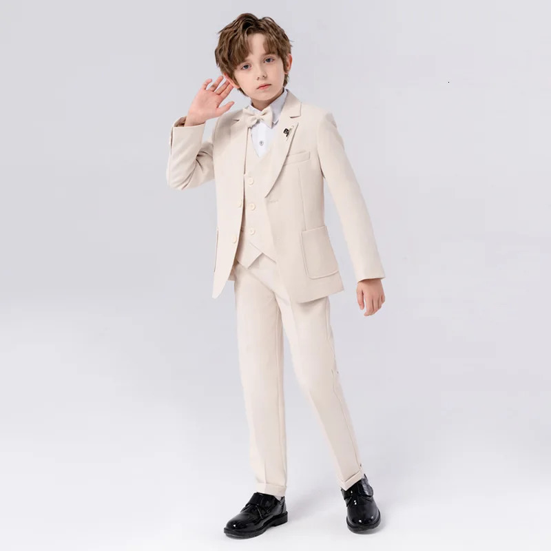 Children Formal Beige Suit Set Boy Blazer Pants Bowtie Clothes Kids Wedding Party Performance Catwalk Show Pogray Costume 251021