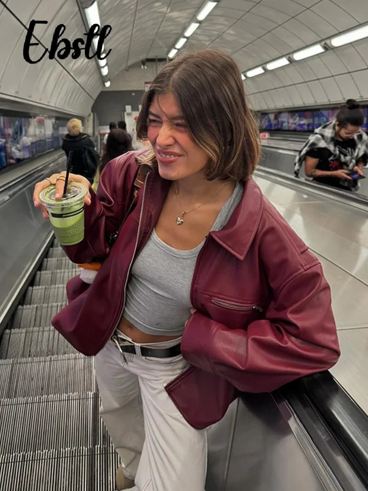 Fashion Red Wine Leather Jacket Women Loose Lapel Zippers Long Lantern Sleeve Coats Autumn Female Vintage Outwears 251017