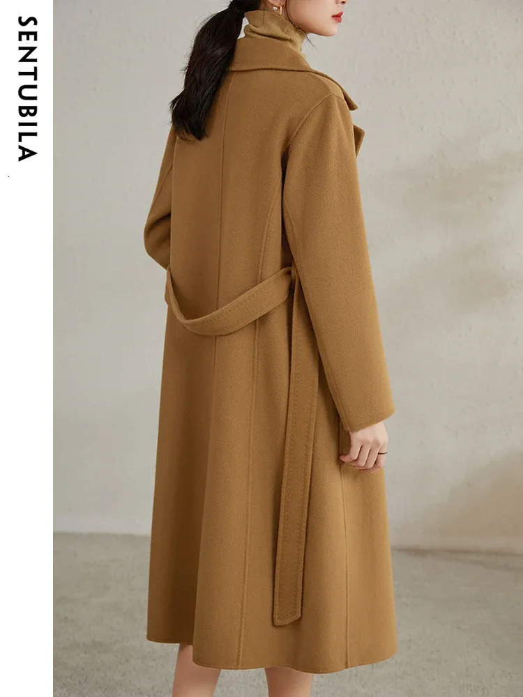 SENTUBILA Women 100 Wool Long Wrap Coat Elegant Notched Collar Belted Warm Double Faced Woolen Winter Overcoat W24O43352 251020