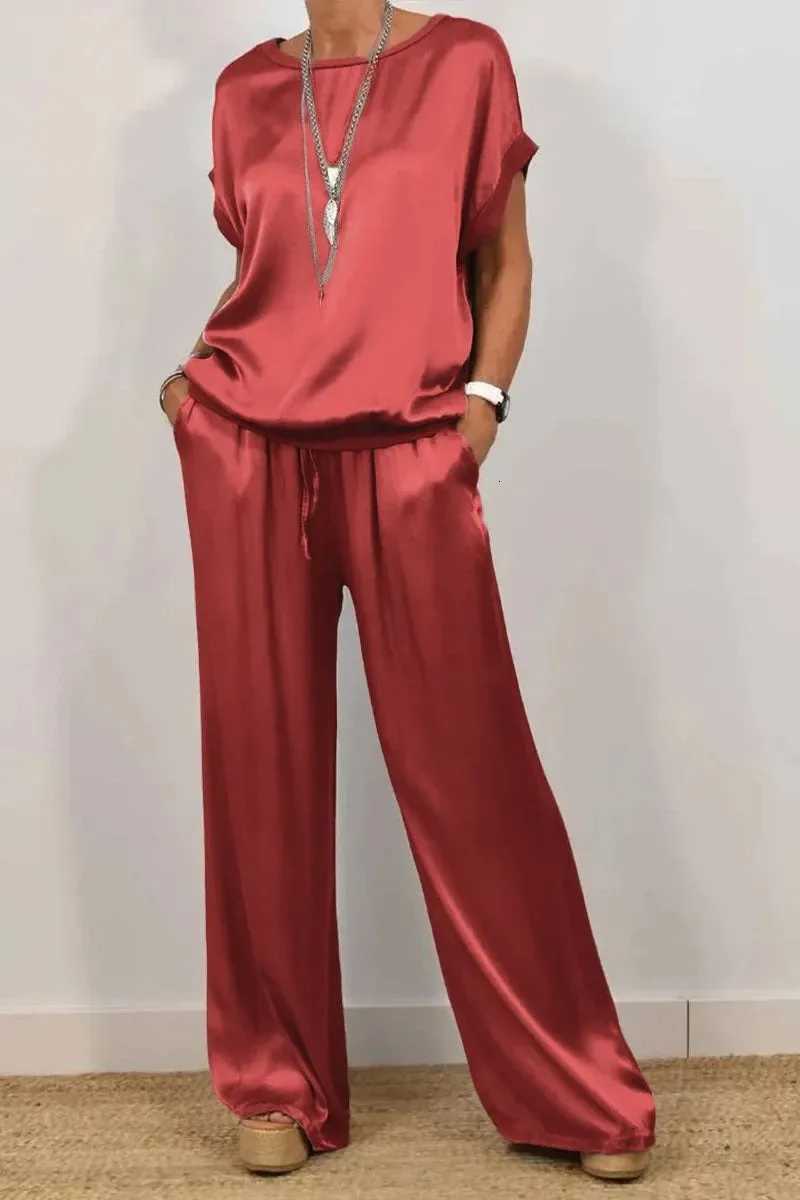 2025 Summer Elegant Womens Fashion Shortsleevedlong Trousers Sleeve Round Neck Loose Shirt Wide Leg Pants Casual 2piece SetT251022