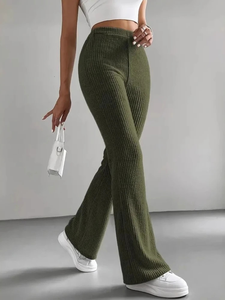 Spring Autumn Style Flared Pants for Women Solid Color Casual Ribbed Knit Fashionable Versatile Comfortable Trousers 251017