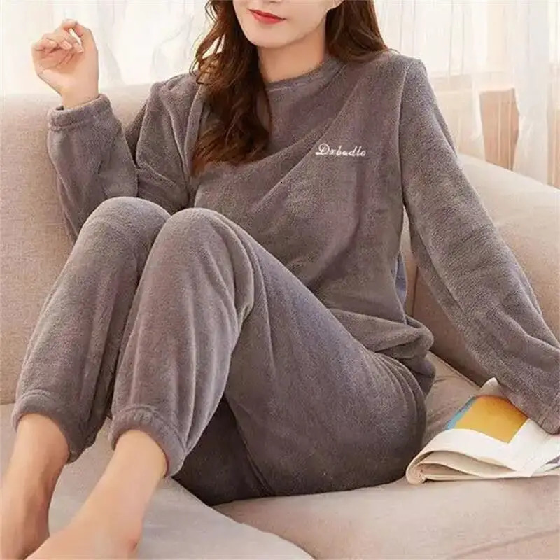 Women Velvet Pajama Set Fleecing Warm Loose Top And Elastic Waist Pants Home Casual Warm Woolen Suit Women Autumn Winter 251022