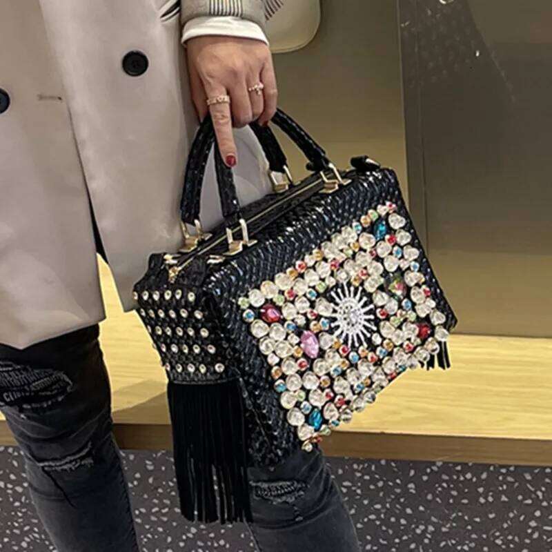 New Brand Women's Handbag Genuine Leather Tassel Fashion Rhinestone Large Capacity Female Shoulder Crossbody Bags