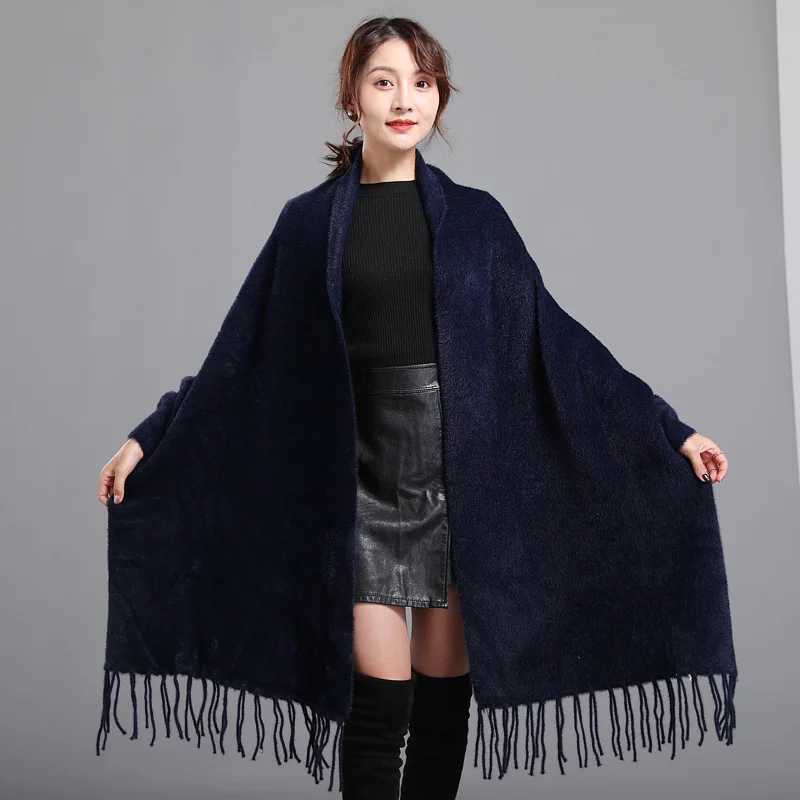 9 Colors Solid Faux Mink Cashmere Autumn Winter Warm Tassel Cape Women Thicken Poncho Loose Long Velvet Streetwear Shawl Coat J251118