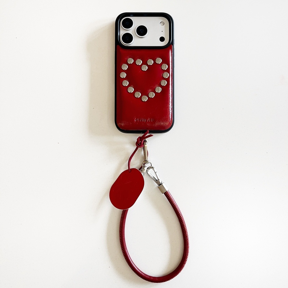 Oil Wax Leather Heart Rivet Phone Case Compatible with iPhone 17/16 Pro Simple Lanyard iPhone 15/14 Niche