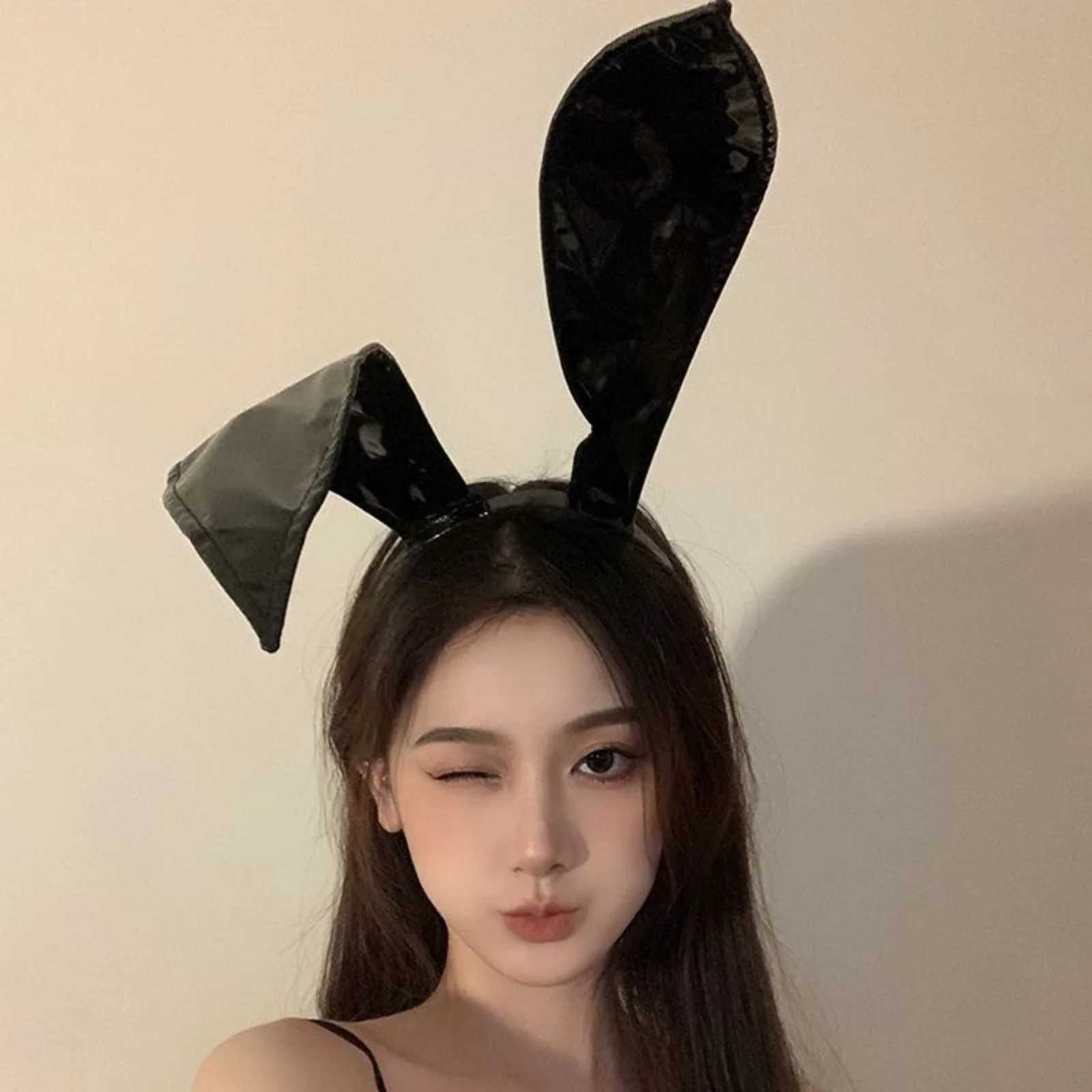 1PC Halloween Bunny Girl Patent Leather Rabbit Ears Headband Black Bunny Ear Hair Hoop For Cosplay V251022