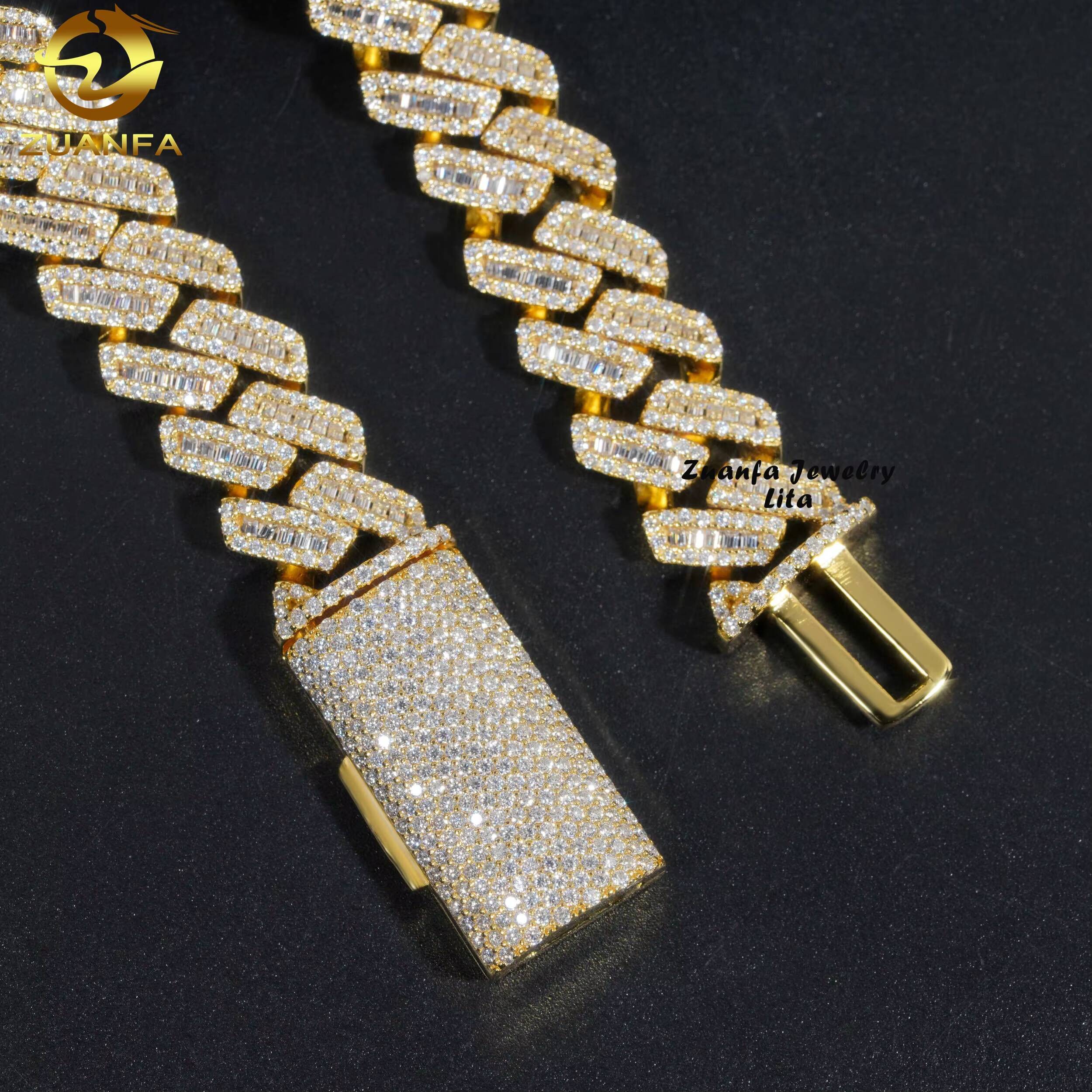 Hip Hop New Style Iced Out Silver 12MM Width Baguette Moissanite Diamond Gold Plated Cuban Link Chain