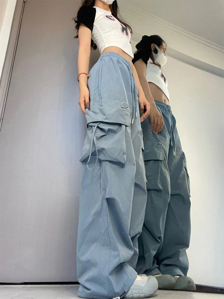 Y2K Women Cargo Pants Drawstring Vintage Solid Color Baggy Straight Trousers Streetwear Casual Wide Leg High Waist Sweatpants 251022