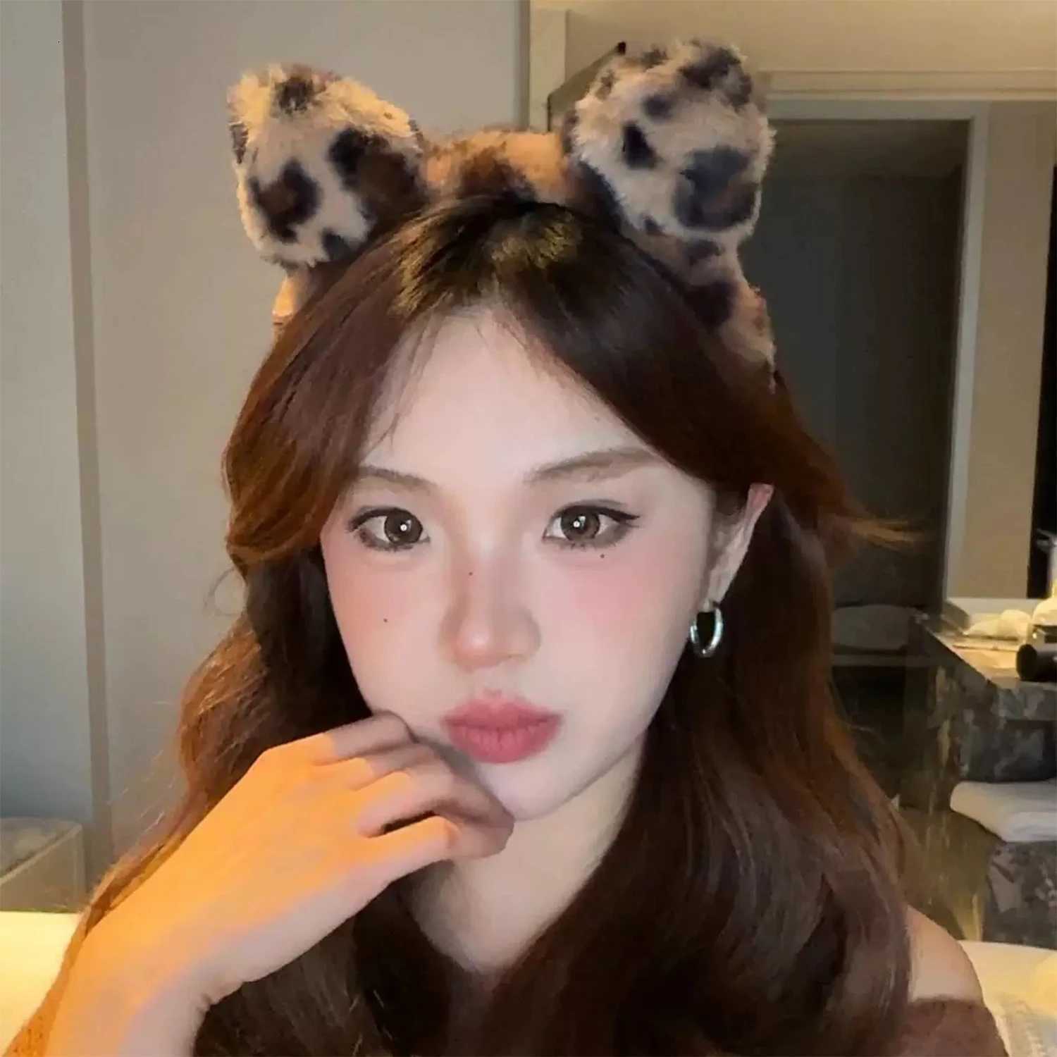 Plush Cat Ears Headband Vintage Leopard Print Hair Hoops Cute Festival Accessories Fashion By Clips Ribbon for Hair Hoop V251022
