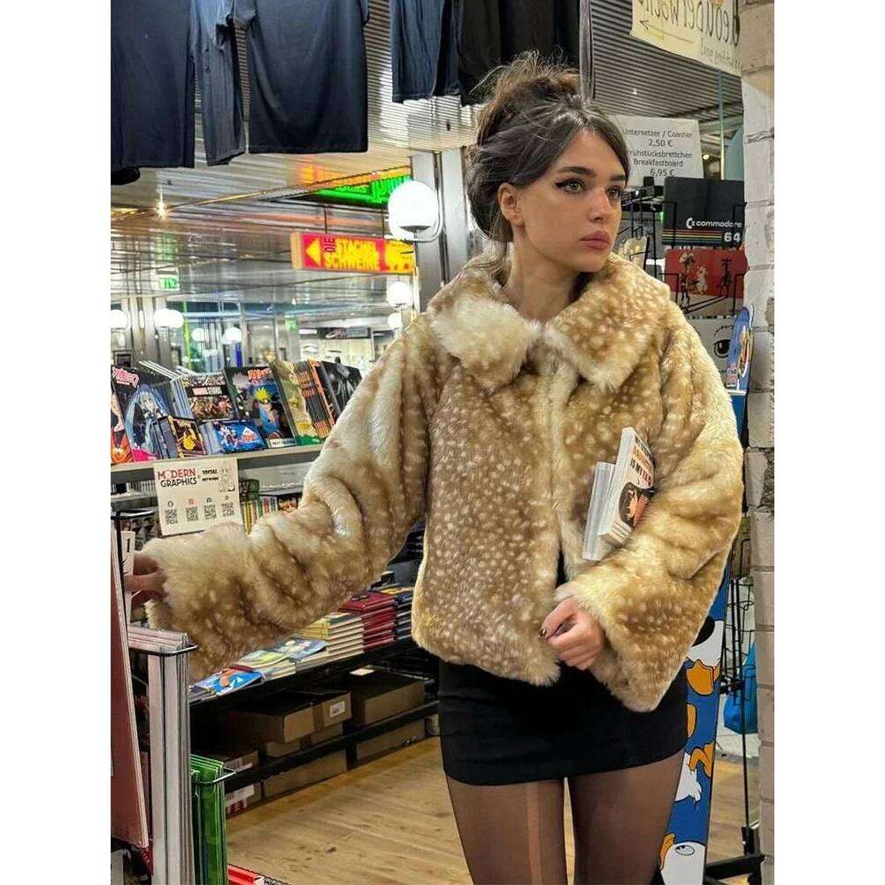 Leopard Printed Faux Fur Short Coat Women Lapel Full Sleeve Single Breasted Loose Mini Coats Lady Winter Daily Street Outerwear