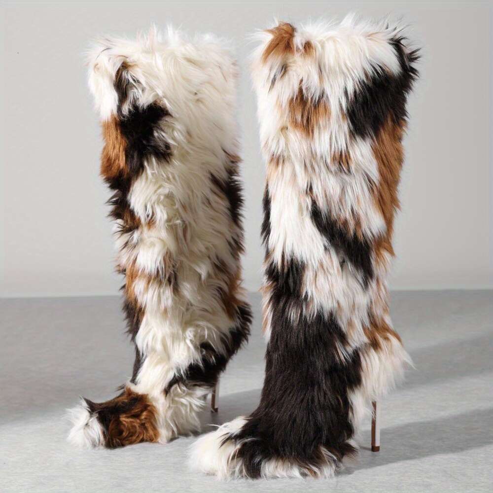 Woman's Faux Fur Knee-High With Kitten Heel Furry Fluffy Pointed Toe Winter Comfy Plush Warm Boots