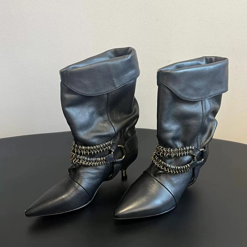 Liyke Fashion Chain Metal Buckle Mid Calf Boots Woman Vintage Pointed Toe Strange Low Thin Heel Autumn Winter Ladies Shoe 251020