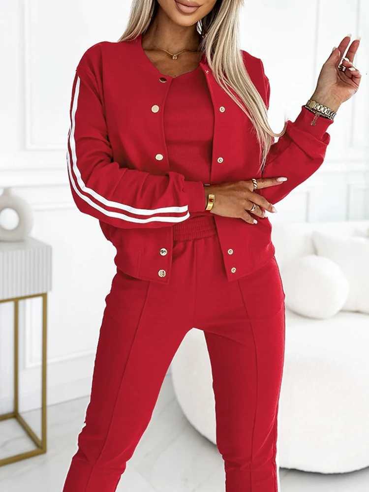 Autumn 3 Piece Tracksuit Outfit Set Striped Tape Patch Button Front Jacket Cuffed Pants Tank Top with Pockets for Casual WearT251022
