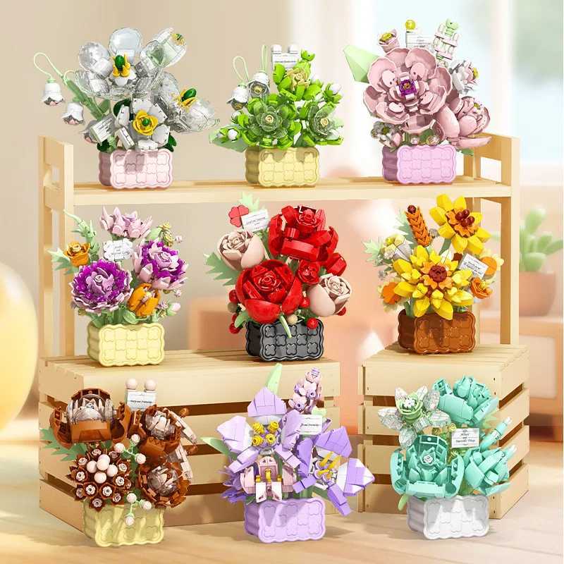Flower Basket Flower Accumulation Wood Flower Micro Particle Building Blocks Puzzle Toy Girl Gift Home Decor J251022