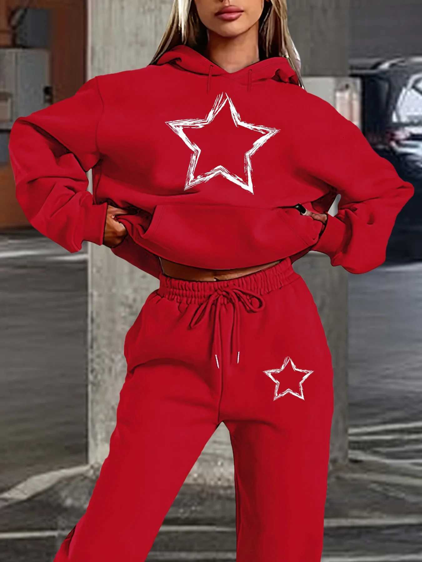 Womens autumn and winter fashion casual hiphop street pentagram pattern printed warm hooded sweatshirtsports pants setT251022