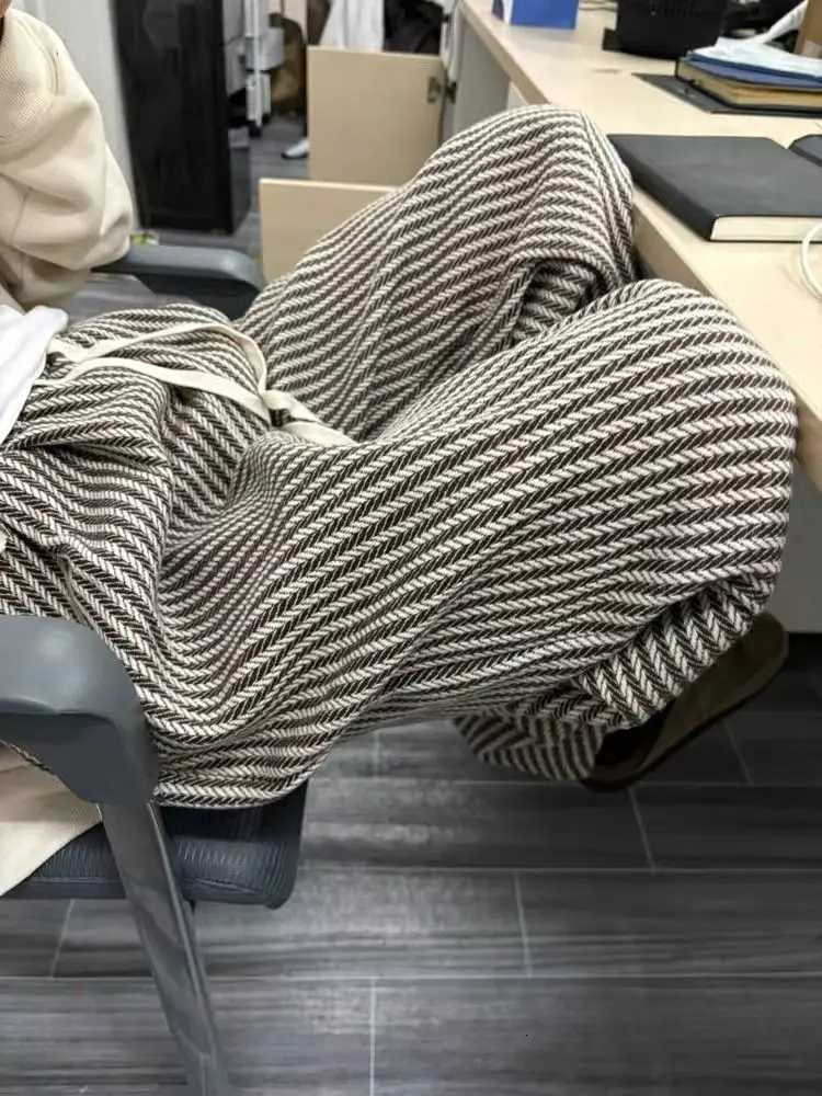 Spring Autumn Pants Women Retro Striped Knited Casual Daily Simple High Waist Wide Leg Trousers Stylish Temper Female AllmatchT251022