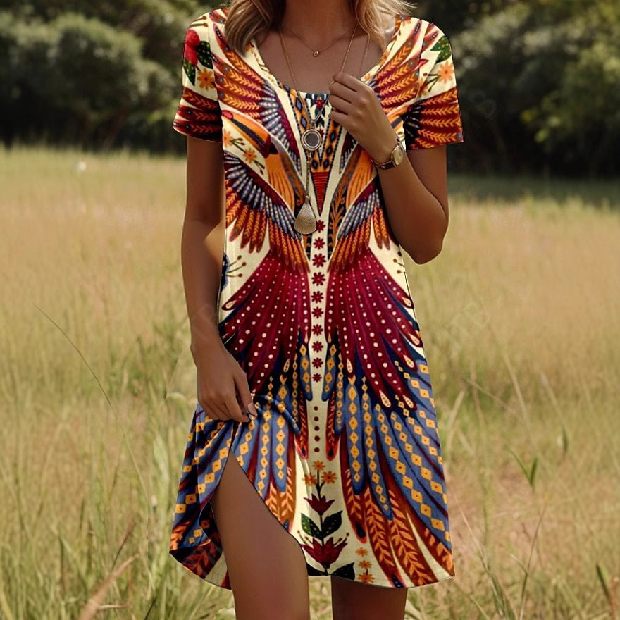 New fashion designer feather print element round neck short sleeved dress European and American women's dress