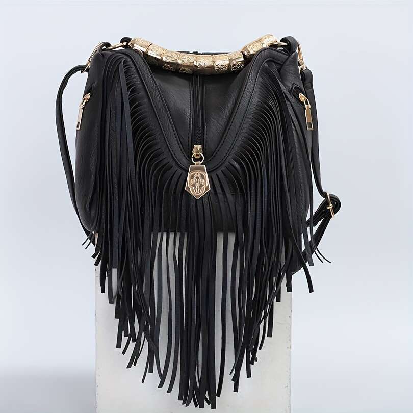 Leisure Trendy Western Style Shoulder Bag, Solid Color Tassel Decor Crossbody Bag For Women