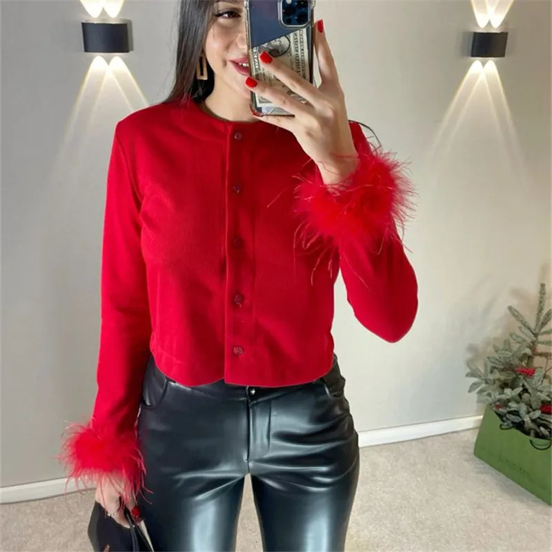 hirigin Fashion O Neck Sweater Tops Fur Feather Patchwork Long Sleeve Knitted Cardigan Spring Fall Slim Knitwear Top Streetwear 251016