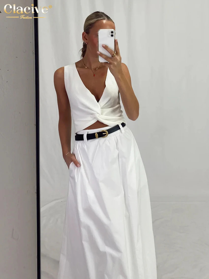 Clacive Fashion Loose White Cotton Womens Skirt 2025 Casual High Waist Long Skirts Elegant Classic Solid Skirt Female Clothing 251022