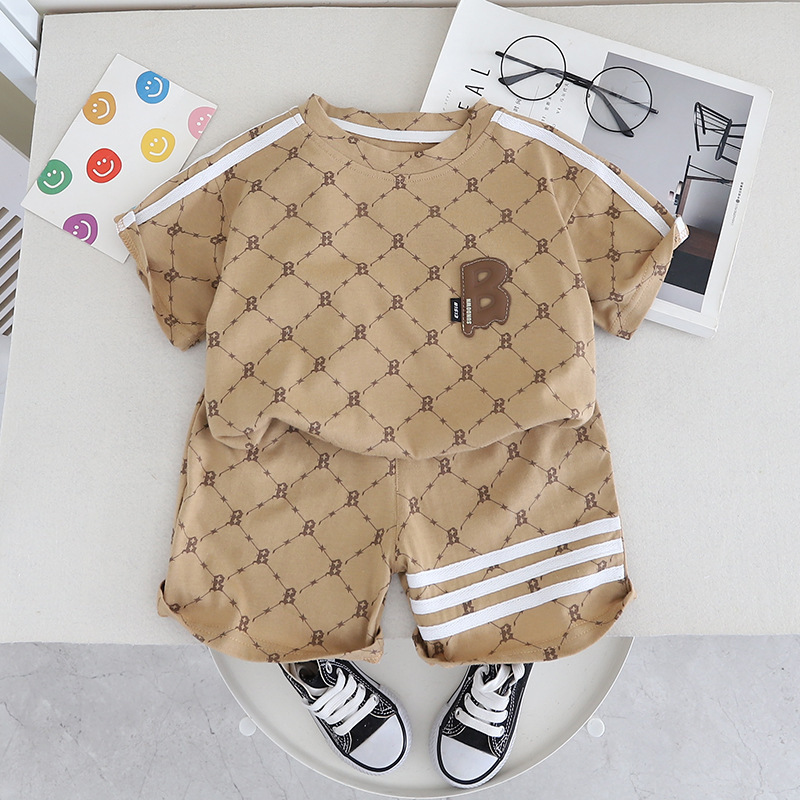 Free Shipping luxury kids clothing 2024 Kids Summer Set - 2-Piece Color Block T-Shirt Outfit, Letter Print Playwear for Boys & Girls